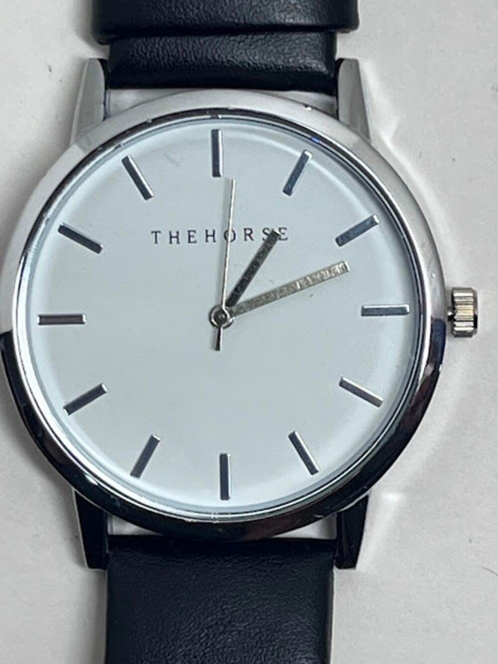 THEHORSE Silver Watch Quartz ALL316L Black Leather Band Water Res Mens Formal
